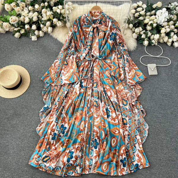 ZT1457 High-End Floral Dress Women Elegant Loose Bat-sleeve Bow Tie Digital Printed Woven Fabric Niche Light Style Sweet Style - Image 4