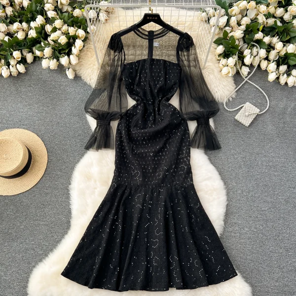 ZT1552 High-end Sense Luxury Niche Sequin Embroidery Fishtail See-through Mesh Puffle-sleeve Temperament Midi Dress Evening Gown