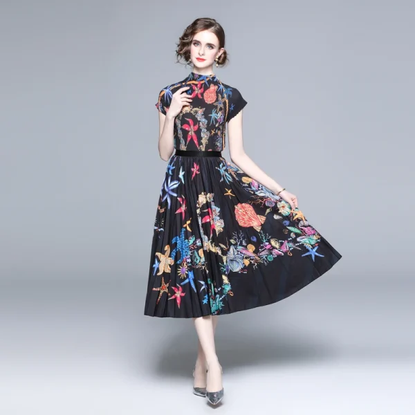 Accept Feminine Printing Pleated Set Boutique Women 2025 Fashion Slim Pleated Turtleneck T-Shirt Top Long Skirt Suit - Image 2
