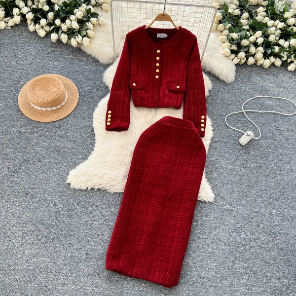 LW0115 Small Fragrant French Two-Piece Women'S Western Style Metal Buckle Slim Long-Sleeved Coat High Fanny Pack Hip Skirt - Image 2