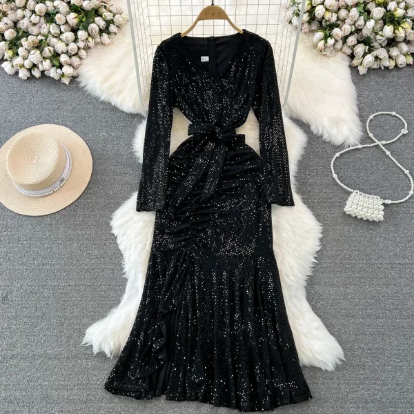 ZT1563  Fashion Long Sleeve V-neck Waist Slimming A-line Wrap Hip Sequin Fishtail Dress Elegant Dress Evening Gown Midi Dress - Image 2