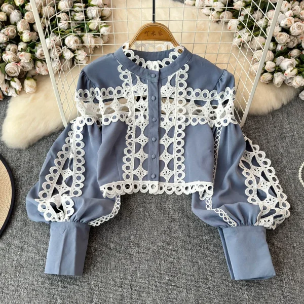 LE4756 Lantern Long-Sleeved Stand-Up Collar Hollowed-Out Lace Top Two-Piece Set of High-Waisted Temperament Nine-Point Trousers - Image 5