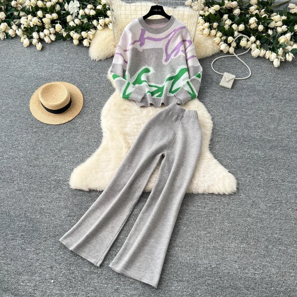 LW0102 Contrasting Color Line Knitwear Women'S Crew Neck Long Sleeve Pullover Sweater High Waist Wide Leg Pants Two-Piece Set - Image 2