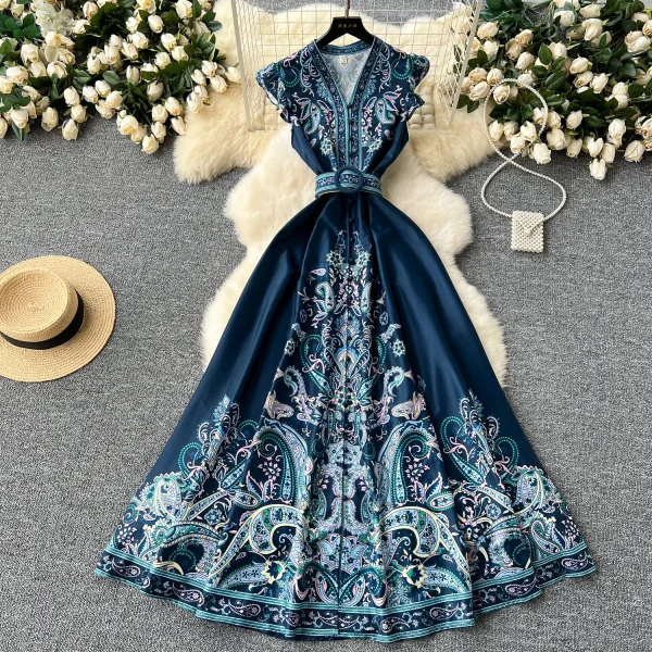 ZT1503 European Americanhigh-end Temperament Small Flying Sleeve Waist V-neck Single Breasted Printed Dress Retro Maxi Dresses - Image 3