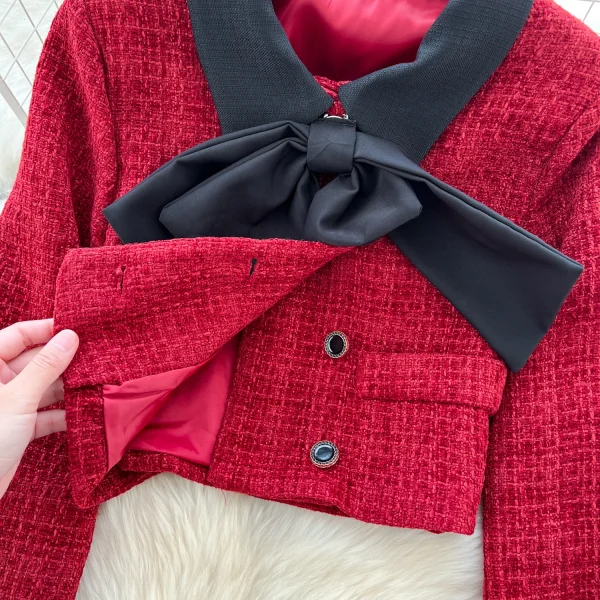 LW0116 French Girl Small Fragrance Color Bow Button Short Long Sleeve Coat High Waist Pleated Skirt Ladies Two-Piece Set - Image 5