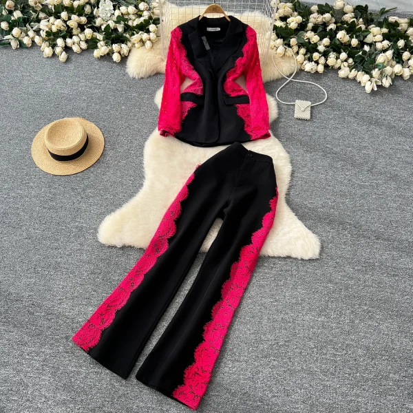 LW0125 Light Wind commuter Ladies Two-piece Contrasting Color Lace Long-sleeved Suit Jacket High-waisted Suit Pants
