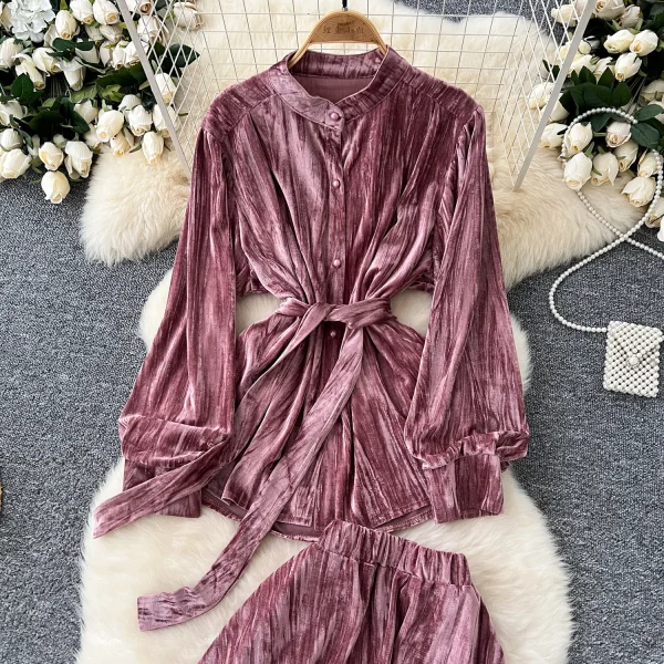 LW0137 High-Grade Velvet Two-Piece Set Women'S New Long Sleeve Shirt With Waist and Waist High Waist Slimming Dress - Image 6