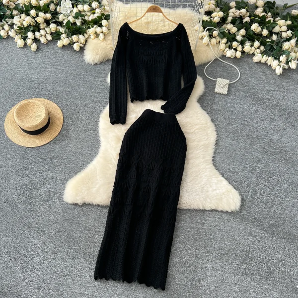 LW0124 Knit Set Skirt Women'S Slouchy High-Level Sense With Short Twist Sweater High-Waisted Slim-Fit Skirt Two-Piece Female - Image 2