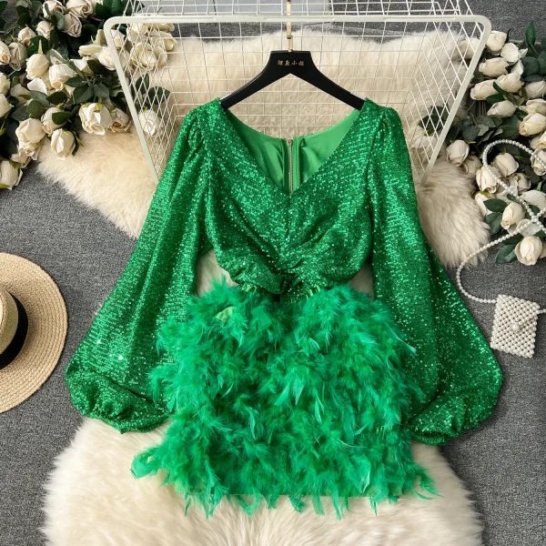 ZT1548 2025 Early Spring New Short Dresses Socialite High-end Sequin Puffed Sleeve Stitching Feather Wrap Hip Dress Evening Gown - Image 2