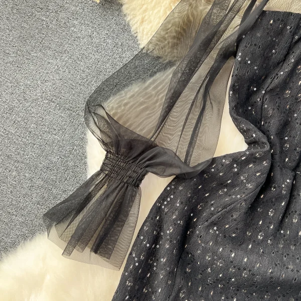 ZT1552 High-end Sense Luxury Niche Sequin Embroidery Fishtail See-through Mesh Puffle-sleeve Temperament Midi Dress Evening Gown - Image 5