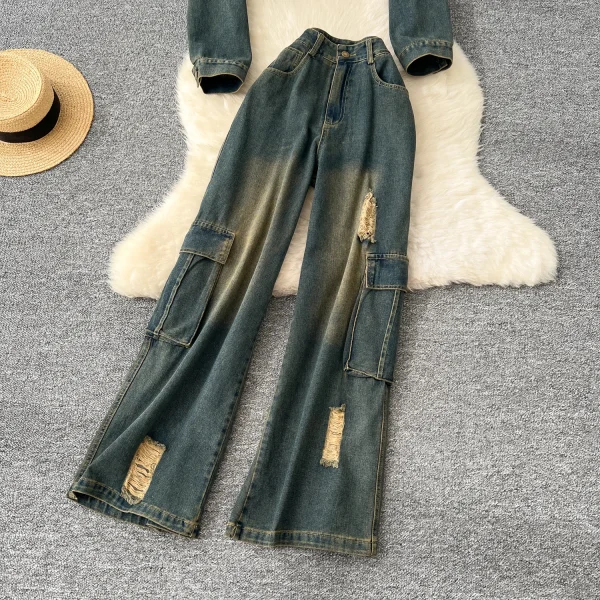 LW0109 Vintage Denim Suit Women'S Fashion Short Jacket Jacket Overalls Ripped Wide-Leg Pants Two-Piece Ladies - Image 3