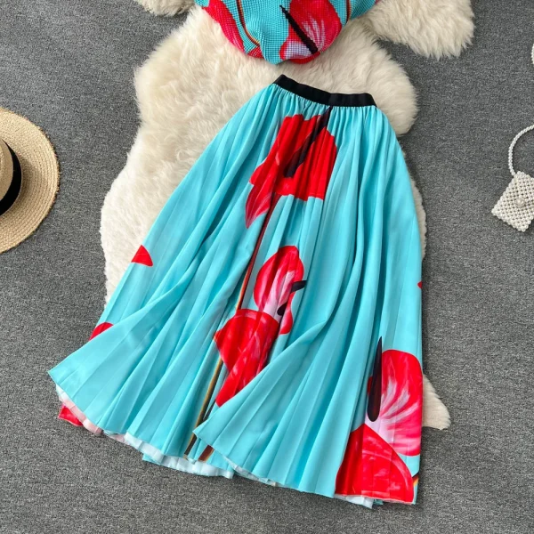 LE1297 Fast Delivery Boutique Women'S Pleated Casual Suit Long Pleated Skirts Print Shirt Short Sleeve Top - Image 3