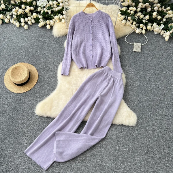 LW0148 Knitwear Two-Piece Women Gentle Wind With Round Neck Twist Sweater Cardigan Coat High Waist Wide Leg Pants - Image 5