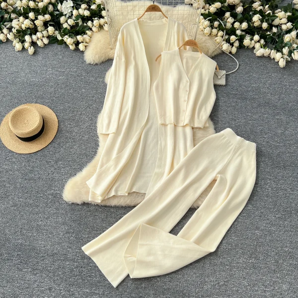 LW0110 Haute Couture Sleeveless V-Neck Vest Loose Mid-Length Knit Coat High-Waisted Trousers Women'S Three-Piece Set - Image 5