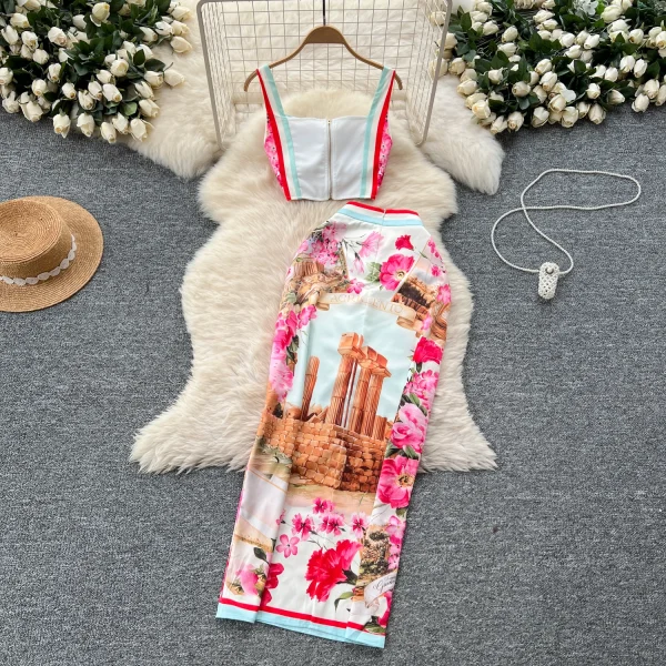 LW0464 Retro Fashion Positioning Print Short Halter Top Two Sets of Women'S High-Waisted Slim-Fit Wrap Hip Skirt - Image 2
