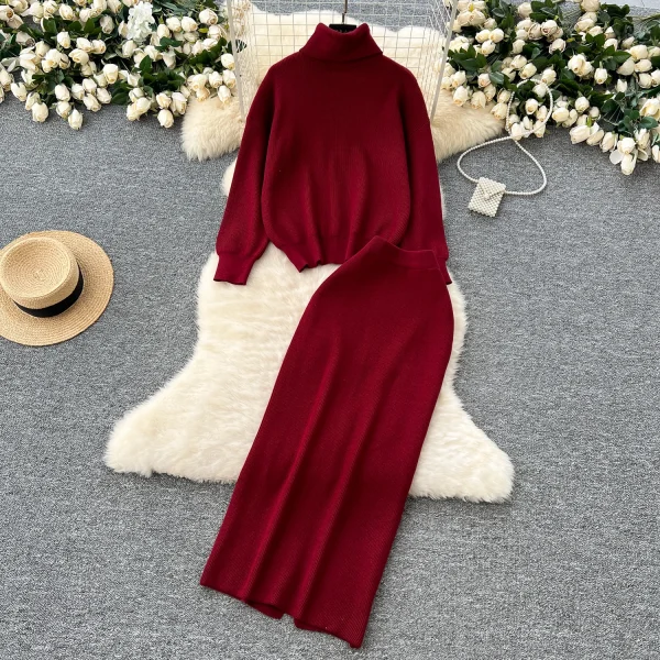 LW0143 Gentle Wind Suit Dress Lazy With Turtleneck Long-Sleeved Sweater Slim-Fit Wrap Hip Skirt Ladies Two-Piece Set - Image 5