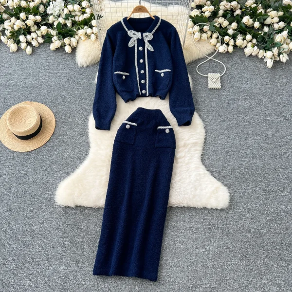LE4762 2025 Winter Pant Sets Advanced Sense Heavy Industry Nailed Bead Round Neck Long Sleeve Sweater High Waist Slim-Fit Skirt - Image 3
