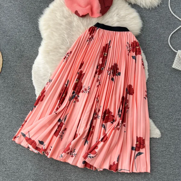LE1299 Women'S Floral Printed Pleated Casual Suit Loose Plus Size Short-Sleeve Print Pleated Top Long Skirt 2 Piece Set - Image 3