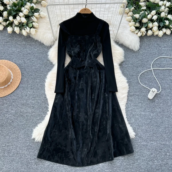 LW0114 French Vintage Square Collar Button-Down Waist Dress for Women With Turtleneck Bottoms for Women Two-Piece Set - Image 2