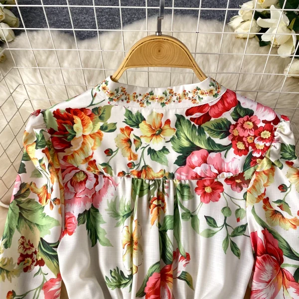 ZT1479 European Printed Dress Female Summer Lantern Sleeve Waist Single-breasted Luxury Unique Temperament Maxi Dress - Image 3