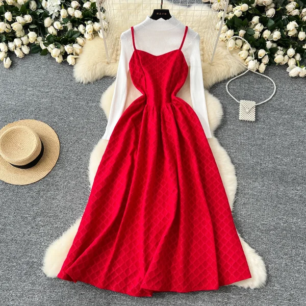 LW0118 Elegant Vintage Jacquard Embroidery Halter Dress for Women With Bottom Knit French Two-Piece for Women - Image 5