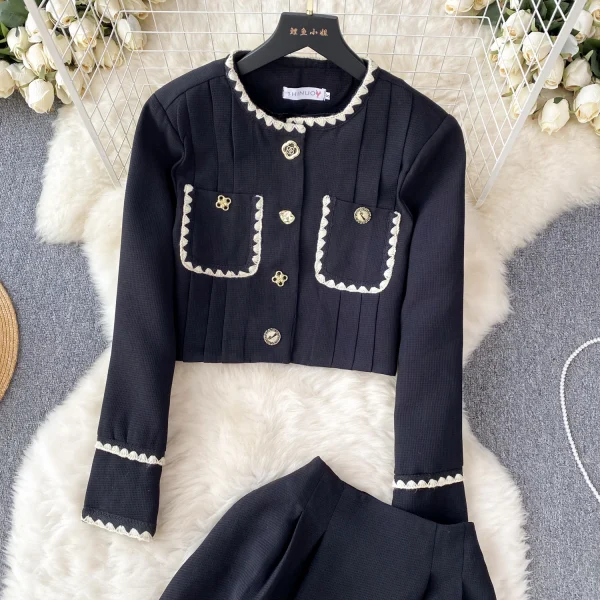 LE4747 Elegant 2-Piece Sets for Women Short Round Neck Suit Jacket + High Waist A-Line Skirt Two Suits - Image 3