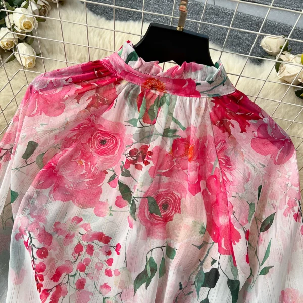 LW0574 2025 Spring Vacation Style Two-Piece Women'S Lace-Up Lantern Sleeve Printed Shirt High Waist Drop Skirt - Image 5