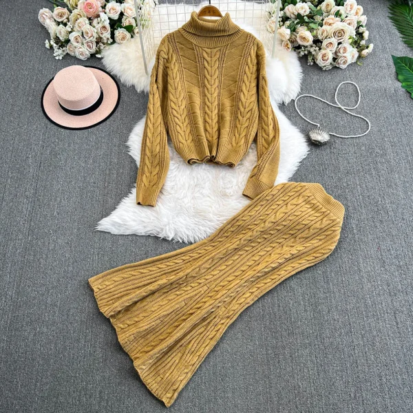 LE4754 Green Turtleneck Twist Sweater Women'S Winter Thick Loose Sweater Stretch Wrap Hip Skirt Two-Piece Set