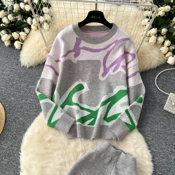 LW0102 Contrasting Color Line Knitwear Women'S Crew Neck Long Sleeve Pullover Sweater High Waist Wide Leg Pants Two-Piece Set - Image 5
