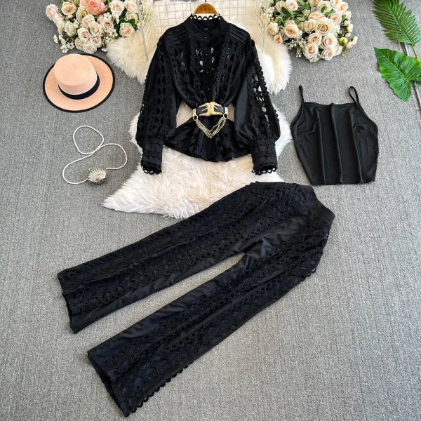 LE4753 Women'S French Lace Hook Flower Lantern Sleeve Shirt Three-Piece Set of High-Waisted Slimming Wide-Leg Pants - Image 2