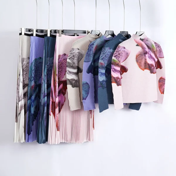 LE1085 Miyake Flower Printed Two Piece Outfit Pleated Stand Long Sleeve Top Pleated Skirt Two Piece Set - Image 5
