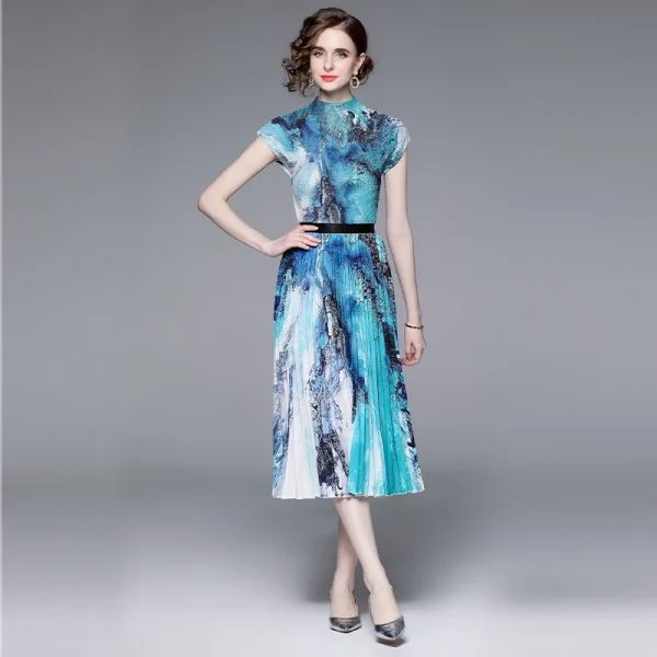 High-Grade Vignetting Print Corn Pleated Top Pleated Skirt Set 3.2m Large Skirt Hem Miyake Pleated Boutique Set Two-Piece - Image 3