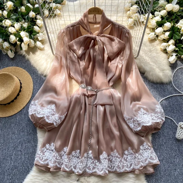 ZT1468 European Elegant Dresses  Niche Luxury Bow Tie Lantern Sleeve Lace Patchwork Bright Chiffon Short Dresses