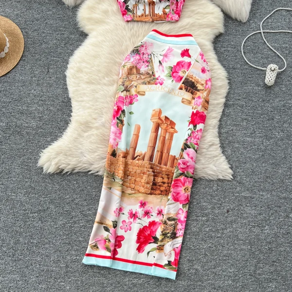 LW0464 Retro Fashion Positioning Print Short Halter Top Two Sets of Women'S High-Waisted Slim-Fit Wrap Hip Skirt - Image 4