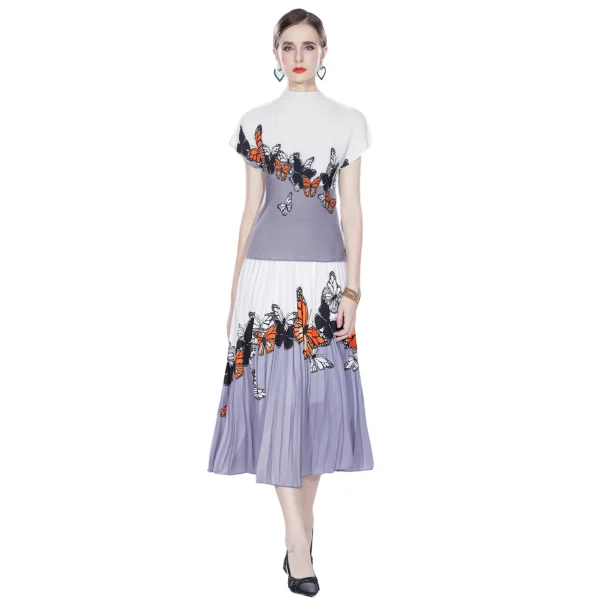 LE1338 Direct Plus Size Boutique Womens Print Skirts and Dresses Pleated 2 Piece Dresses Tops and Skirts Sets