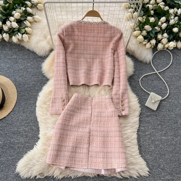 LW0144 Vintage Small Fragrance Metal Buckle Short Long Sleeve Coat Women'S High Waist Skirt Tweed Two-Piece Set - Image 2