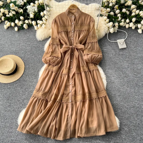 ZT1469 Court Style Women'S Embroidered Long Dresses 2025 Elegant Lace Splicing Stand Collar Single Breasted Waist Evening Gown