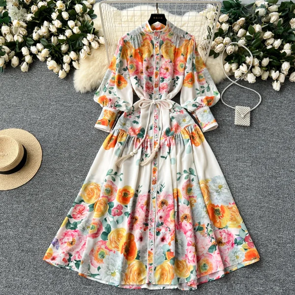 ZT1504 Vintage Stand Collar Lantern Long-sleeved Big Swing Dress Women Floral Printed Dress Elegant Midi Dresses - Image 4
