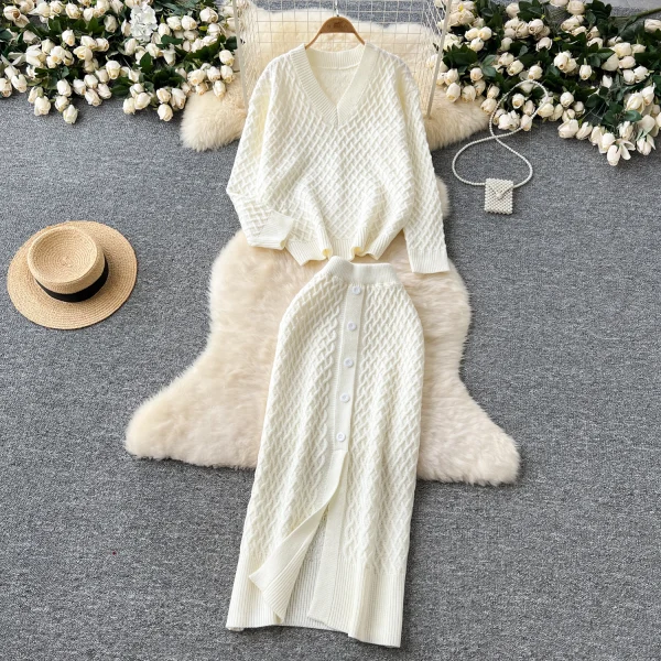 LW0132 Korean Wear With Women'S New Autumn Lazy Loose Set Head V-Neck Knit Top High Waist Slit Skirt Ladies Two Sets - Image 3