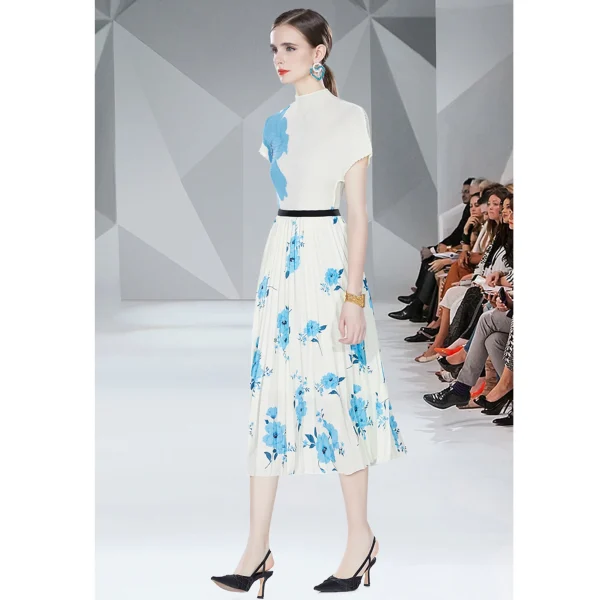 Floral Print Large Size Pleated Top High Waist Long Pleated Skirt Elegant Miyake Press Pleated Design Boutique Women'S Suit - Image 3