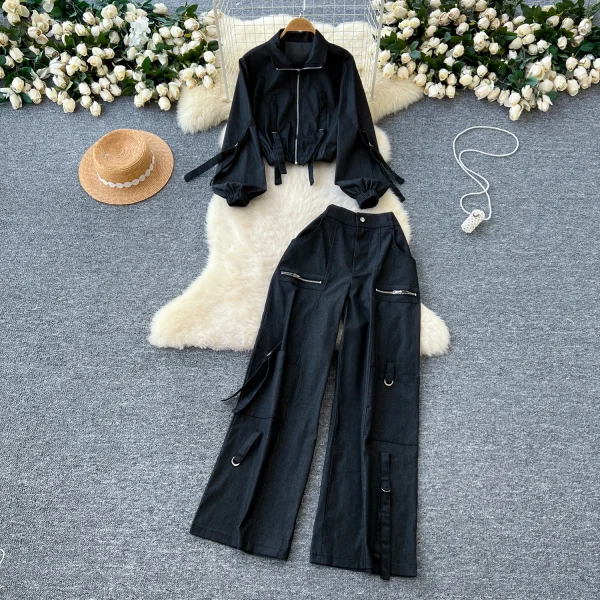 LE4759 Sweet Cool Spice Tie up Lapel Zipper Long Sleeve Top Coat Women'S High-Waisted Cargo Casual Wide-Leg Trouser Suit