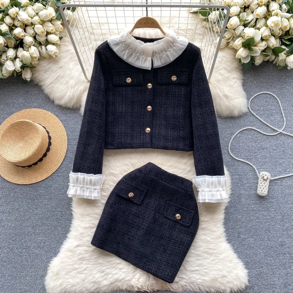 LE4749 Elegant 2-Piece Sets for Women Studded Ruffled Cardigan Jacket + Skirt Age Reduction Two-Piece Set - Image 2