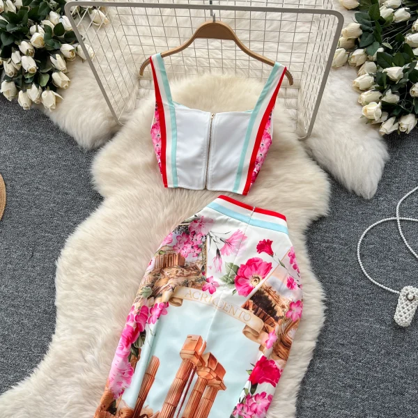 LW0464 Retro Fashion Positioning Print Short Halter Top Two Sets of Women'S High-Waisted Slim-Fit Wrap Hip Skirt - Image 6