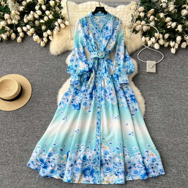 ZT1501 European Fashion Print Dress Female Niche Vintage Long Sleeves V-neck Single-breasted Long Swing Holiday Dress - Image 2