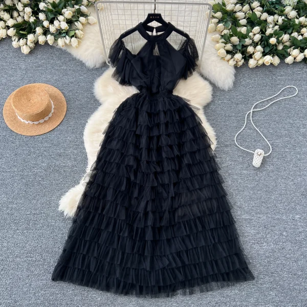 ZT1544 French Niche Elegant Dress Women's Senior Lace Short-sleeved Waist Slimming Multi-layer Temperament  Maxi Dress - Image 5