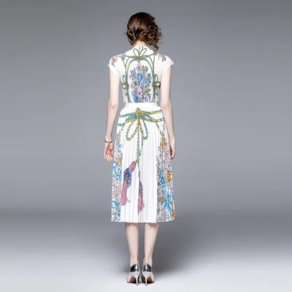 Floral Printing Miyake Pleated Women Suit Slim Print Stand Collar Short Sleeve Top+loose Slim Skirt Casual Party Two Piece Sets - Image 4