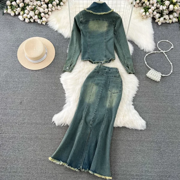 LE4752 Fashion Suit Women Fashion Denim Short Jacket Two-Piece Set High Waist Slimming Fish Tail Wrap Hip Skirt - Image 2