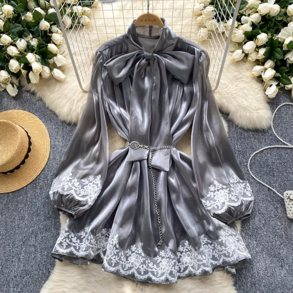ZT1468 European Elegant Dresses  Niche Luxury Bow Tie Lantern Sleeve Lace Patchwork Bright Chiffon Short Dresses - Image 4