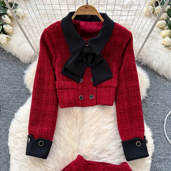 LW0116 French Girl Small Fragrance Color Bow Button Short Long Sleeve Coat High Waist Pleated Skirt Ladies Two-Piece Set - Image 3