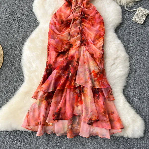 ZT1524 Goddess Style Heart Fold Drawstring Graceful Floral Printed Wrap Hips Ruffled Fishtail Elegant Dress Midi Dresses - Image 3